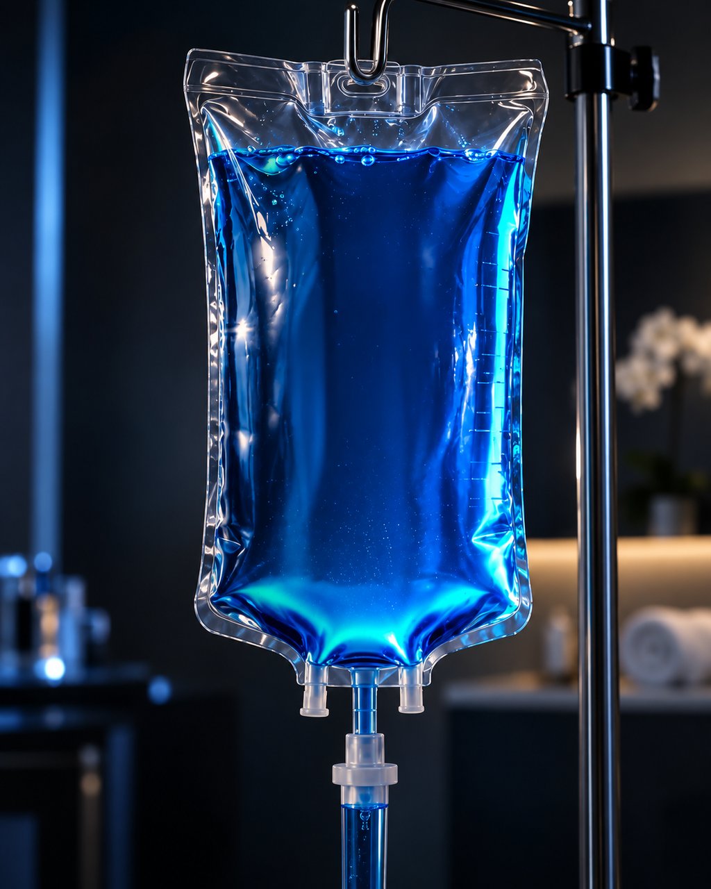 Blue IV bag illuminated on a drip stand in a dark treatment room